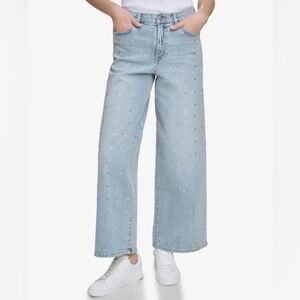 NEW DKNY JEANS High Rise Wide Leg Studded Atlantic Wash Jeans